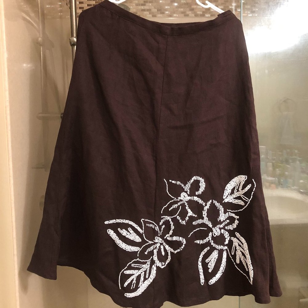100% Linen Y2K Floral Skirt with Embodied Flowers Partially Stretchy Waist NWOT